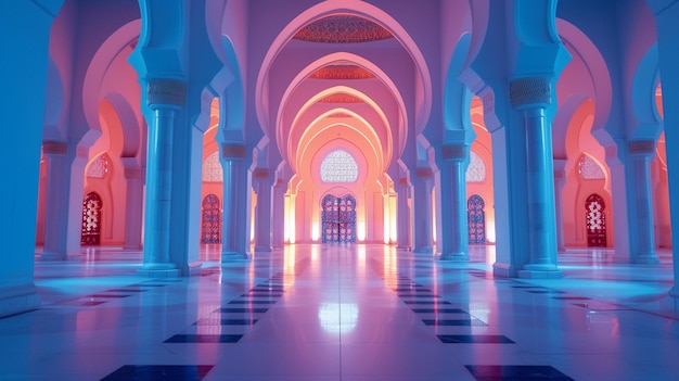 Scène de la mosquée du soir avec des arches et des lumières