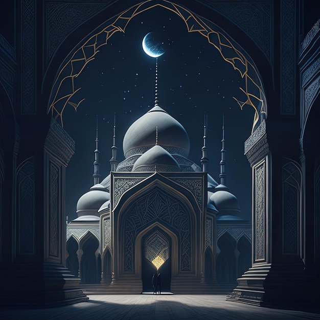 Une scène d'une mosquée avec une lune dans le ciel