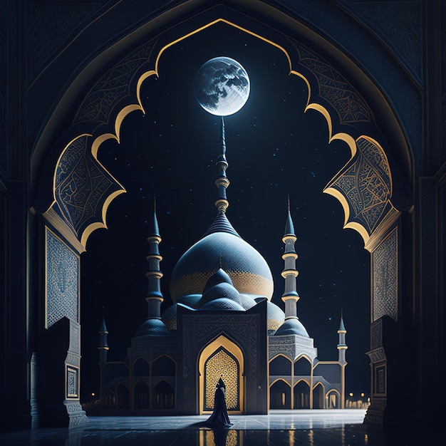 Une scène d'une mosquée avec une lune dans le ciel.