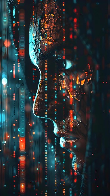Scène mystérieuse de piratage du visage de code numérique brillant dans le style cyberpunk