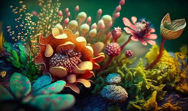 Une scène mystique magique avec des fleurs et des créatures fantastiques