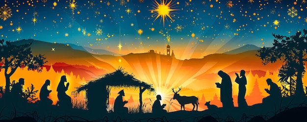 scène de nativité de Noël avec des silhouettes de gens et une étoile et les mots nativité dans le ciel