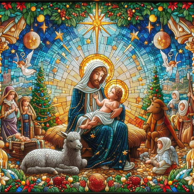 Scène de la Nativité de Noël avec la Vierge Marie et l'Enfant Jésus Illustration en mosaïque