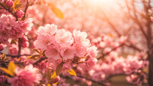 Scène de la nature avec des arbres en fleurs et des éclairs de soleil Fleurs de printemps Arrière-plan de fleurs de Printemps