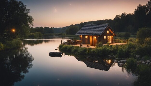 Une scène naturelle paisible au bord d'un lac dans la campagne avec un ciel nocturne étoilé et une rivière sinueuse