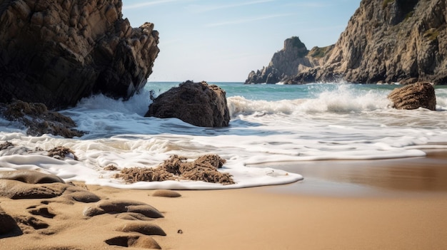 Scène naturelle d'une plage isolée avec des falaises escarpées et des vagues