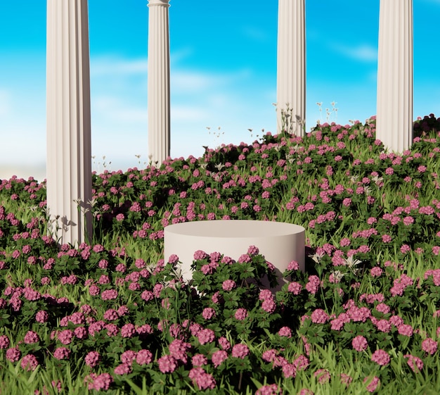 Scène naturelle de podium avec paysage de champs de fleurs