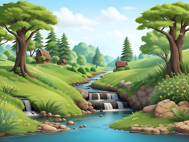 Scène naturelle avec un ruisseau coulant à travers l'illustration vectorielle de la forêt