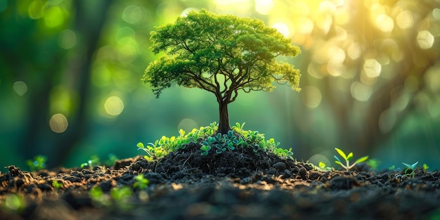 Scène naturelle vibrante avec des arbres miniatures poussant sur le sol de la forêt Concept de conservation de l'environnement croissance durable et équilibre écologique