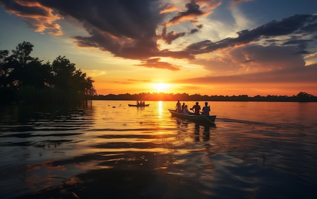 Scène de navigation sereine au coucher du soleil sur le lac IA générative