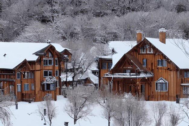 Scène de neige d'hiver une maison à côté de la rivière sous la montagne de neige neige épaisse couvrant le toit