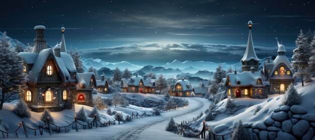Scène neigeuse festive avec des collines couvertes de neige, un village montagneux, des cerfs, des forêts, des pins et des rennes, un décor naturel saisonnier avec des élévations et des habitations de renards.