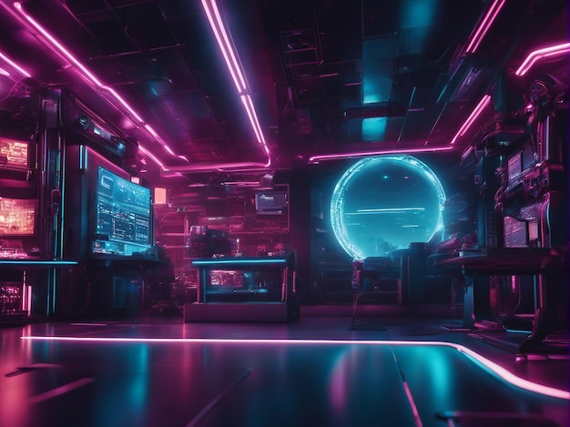 Scène néon de science-fiction intérieure de vaisseau spatial