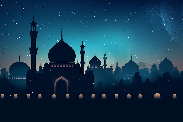 Scène nocturne de l'Aïd et du Ramadan avec une mosquée et la lune en arrière-plan Generative AI