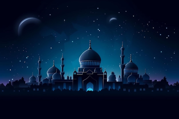 Scène nocturne de l'Aïd et du Ramadan avec une mosquée et la lune en arrière-plan Generative AI