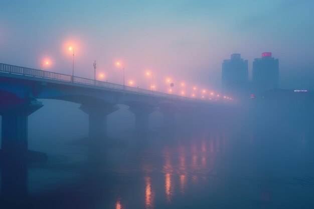Photo scène nocturne brumeuse d'un pont avec des lumières reflétées dans l'eau