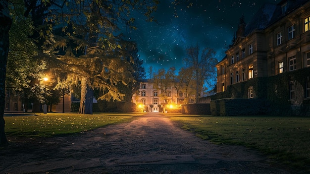 Scène nocturne sur le campus universitaire avec des gens qui marchent sur la route de terre