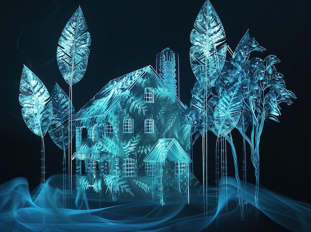 Scène nocturne enchanteuse d'une maison bleue éclairée parmi une verdure luxuriante.