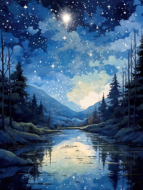 Scène nocturne étoilée avec une rivière et des arbres au premier plan
