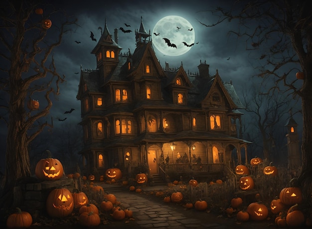 Scène nocturne d'Halloween effrayante avec des maisons hantées, des chauves-souris, des citrouilles Jack O Lantern au clair de lune