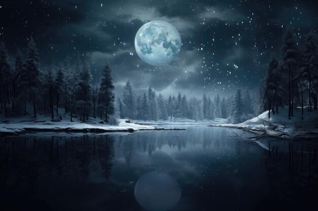 une scène nocturne avec un lac et une pleine lune