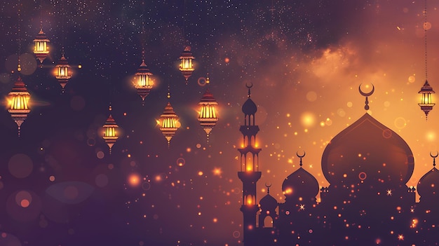 une scène nocturne avec une mosquée et un ciel plein de lanternes