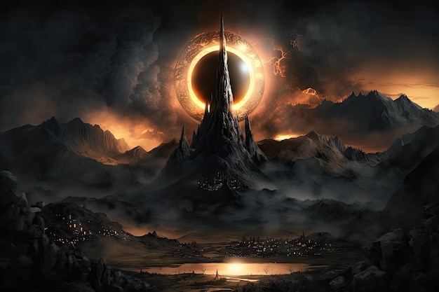 Scène nocturne avec l'oeil de sauron brillant au-dessus des tours noires du mordor