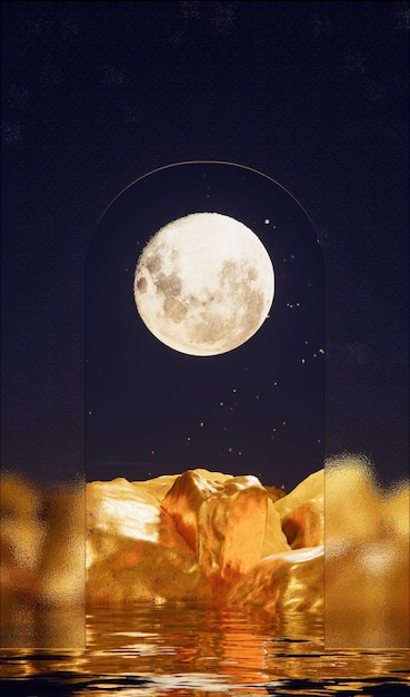 Photo scène nocturne de pierres d'or avec fond de lune