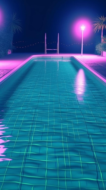 Scène nocturne d'une piscine avec une échelle de piscine et des lumières génératives ai