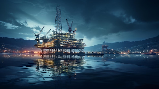 Scène nocturne de la plate-forme pétrolière offshore Jack Up Rig au milieu de la mer