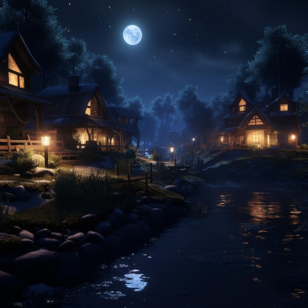 Photo scène nocturne d'une rivière avec une cabane et une ia générative de pleine lune