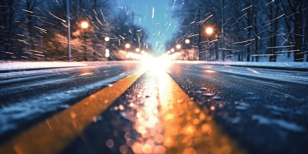 Scène nocturne de la rue de la ville après la neige