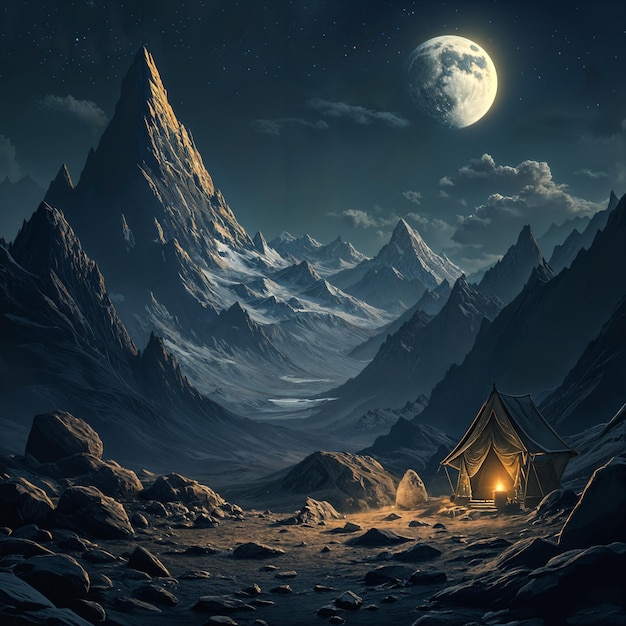 Une scène nocturne sereine avec une grande lune pleine éclairant le paysage Une petite tente est dressée sur une plaine rocheuse entourée de majestueuses montagnes enneigées qui s'étendent au loin