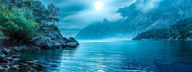 Scène nocturne sereine avec une pleine lune lumineuse au-dessus d'un lac de montagne tranquille