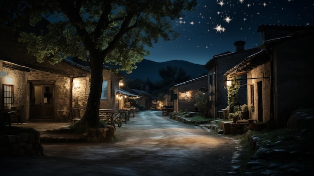 Photo une scène nocturne sereine se déroule alors que les étoiles scintillent sur une rue paisible.