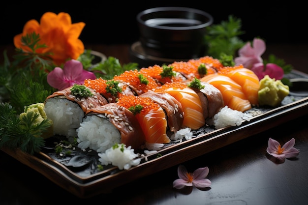 Scène nocturne Des sushis variés brillent sur les feuilles mis en valeur par l'IA générative de Wasabi et de gingembre