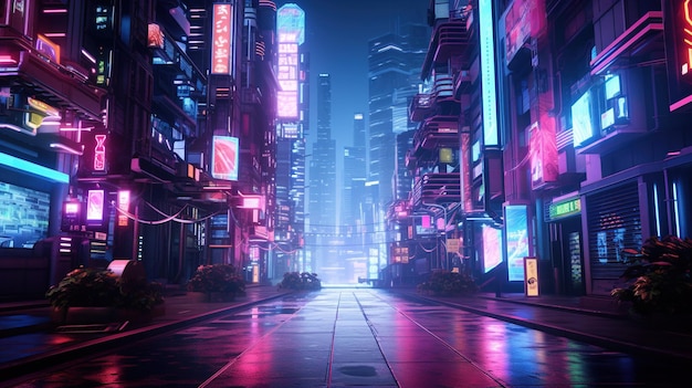 Scène nocturne de la ville dans le style cyberpunk futuriste lumières au néon couleurs vives
