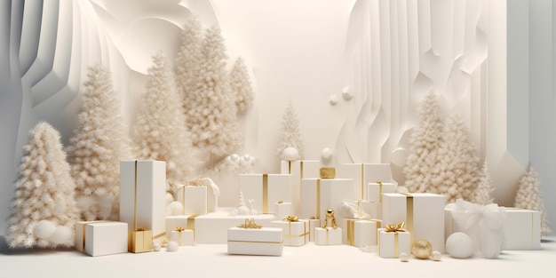 Une scène de noël blanche avec un arbre de noël et des cadeaux.