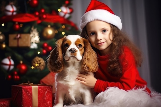 Scène de Noël confortable enfant fille épagneul et délices d'arbre