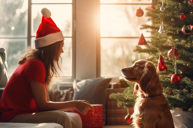 Scène de Noël confortable avec une femme et son chien devant un arbre décoré AI Contenu généré