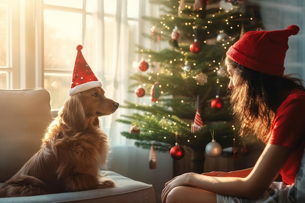 Scène de Noël confortable avec une femme et son chien devant un arbre décoré AI Contenu généré