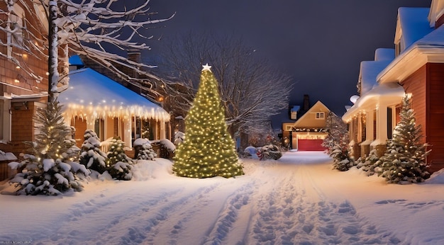 Scène de Noël avec des décorations de Noël neige sur les maisons lumières de Noël arbre de Noël