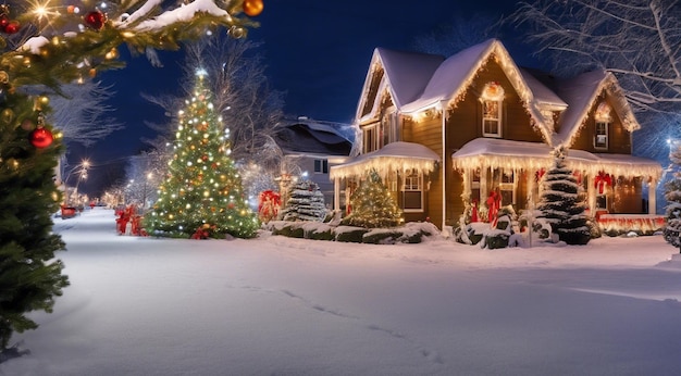 Scène de Noël avec des décorations de Noël neige sur les maisons lumières de Noël arbre de Noël