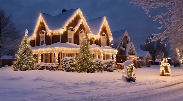 Scène de Noël avec des décorations de Noël neige sur les maisons lumières de Noël arbre de Noël