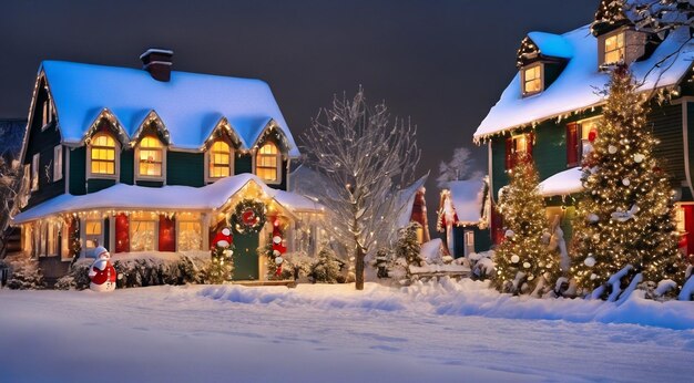 Scène de Noël avec des décorations de Noël neige sur les maisons lumières de Noël arbre de Noël