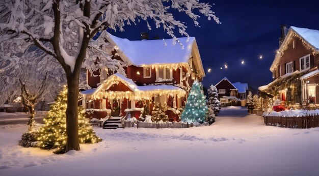 Scène de Noël avec des décorations de Noël neige sur les maisons lumières de Noël arbre de Noël