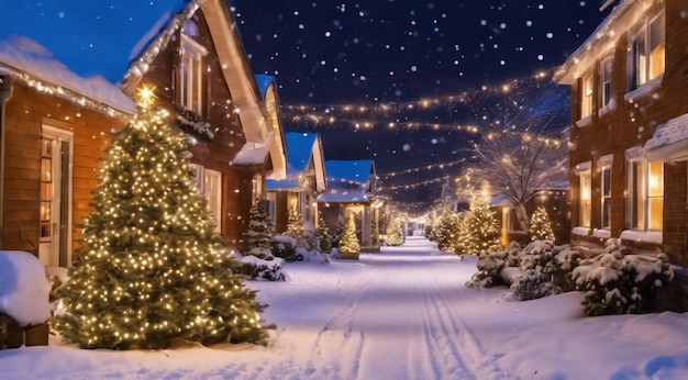 Scène de Noël avec des décorations de Noël neige sur les maisons lumières de Noël arbre de Noël