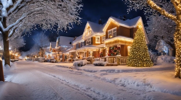 Scène de Noël avec des décorations de Noël neige sur les maisons lumières de Noël arbre de Noël