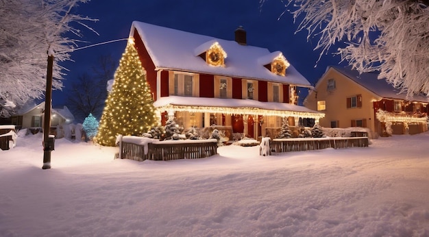 Scène de Noël avec des décorations de Noël neige sur les maisons lumières de Noël arbre de Noël