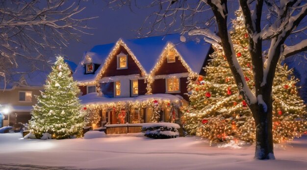 Scène de Noël avec des décorations de Noël neige sur les maisons lumières de Noël arbre de Noël